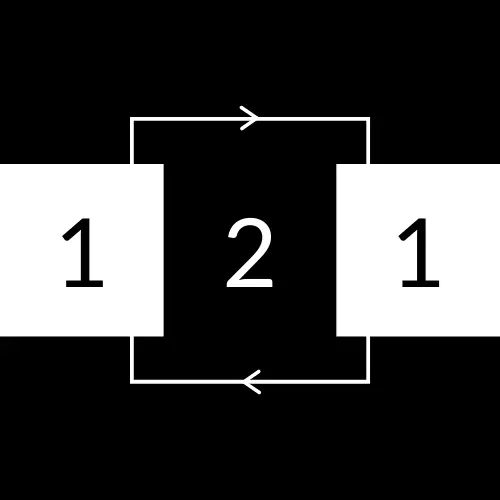 3 boxes aligned horizontally. two white boxes with '1' representing the client and the designer, with a black box with '2' illustrating the one-to-one nature of our support.