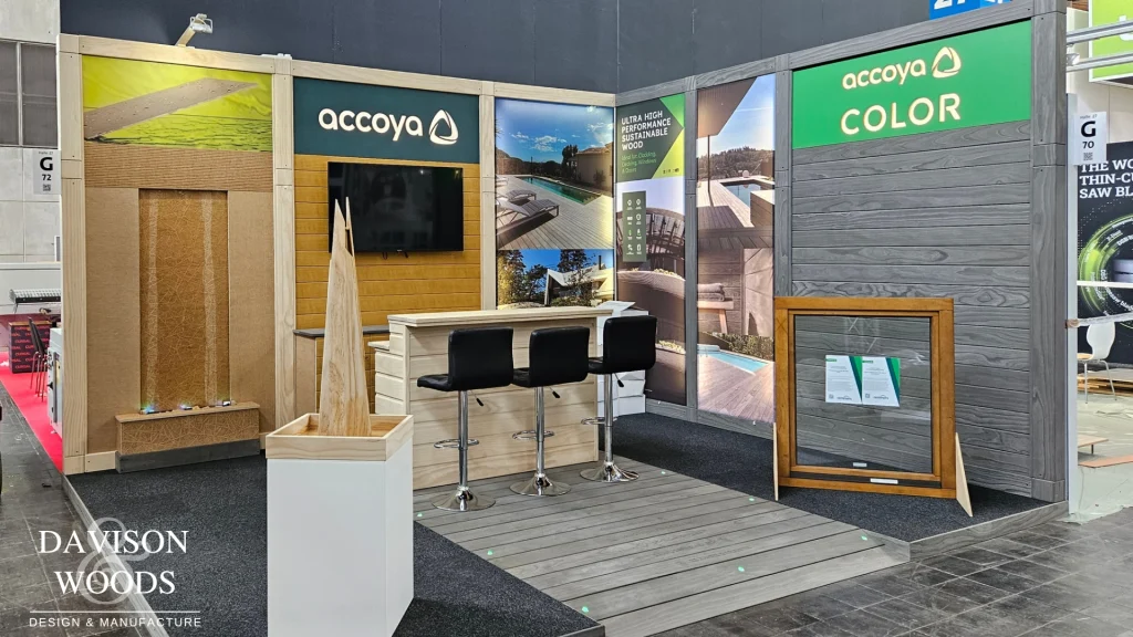 Accoya exhibition stand with signage stating 'Accoya color ultra high performance sustainable wood'