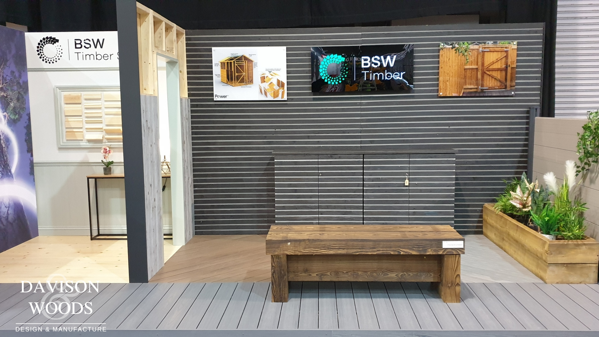 BSW exhibition stand featuring a BSW timber railway sleeper bench seat