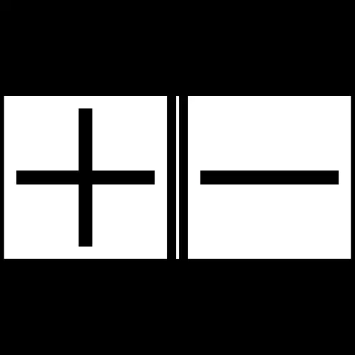 aligned horizontally in the centre of the image, 2 white boxes separated by a thin dividing line. one white box has a plus symbol and the other white box has a minus symbol