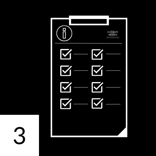 a clipboard is centred with eight tick boxes signifying that all elements a client has asked for and standard in the design process are present.