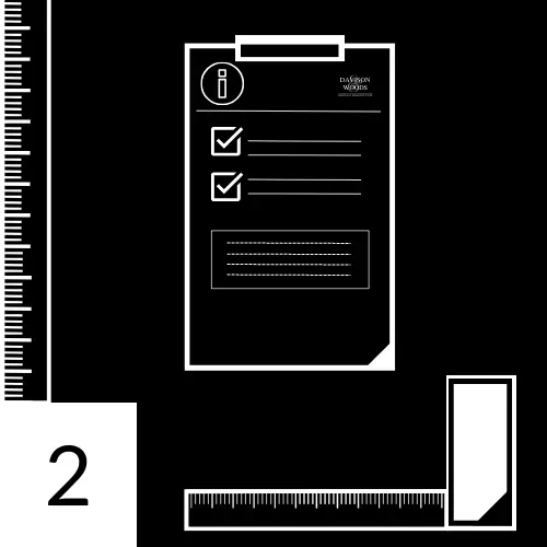 left side features a ruler, in the centre there is a checklist on a clipboard signifying the basic information such as measurements required for a project. Bottom right is a square tool, with guidelines.